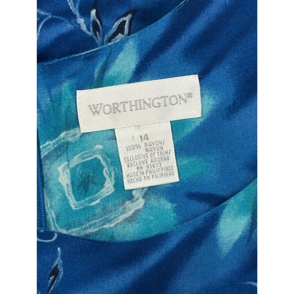 Worthington Size 14 Blue Floral Sheath Midi Dress Sleeveless Rayon Casual Work - Picture 9 of 9
